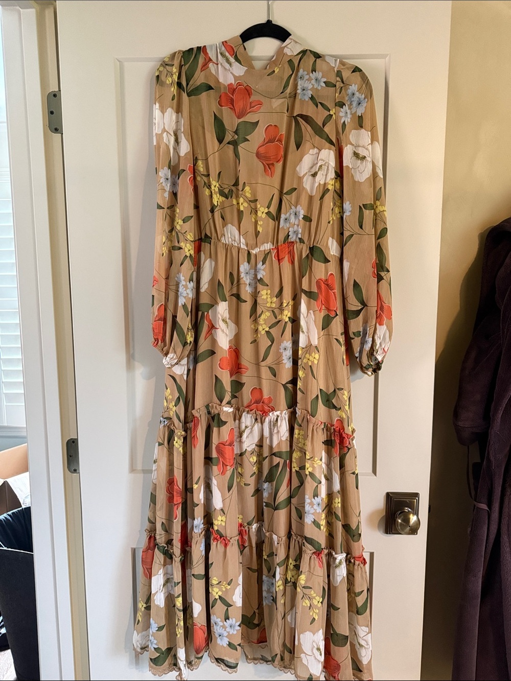 Lost and Wander Tiered Long Sleeve Midi Dress - Beige Floral